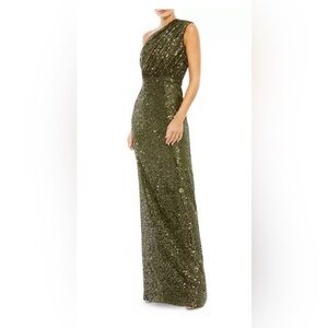 Mac Duggal sequined ruched one shoulder gown in olive. Size 8. New with tags.